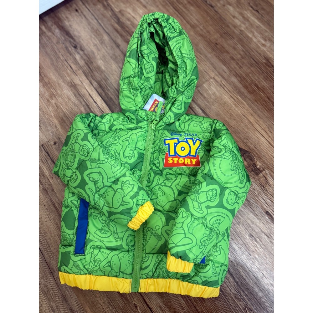 Disney Pixar Toy Story Boys 2T Puffer Jacket Buzz Woody Rex Green Winter